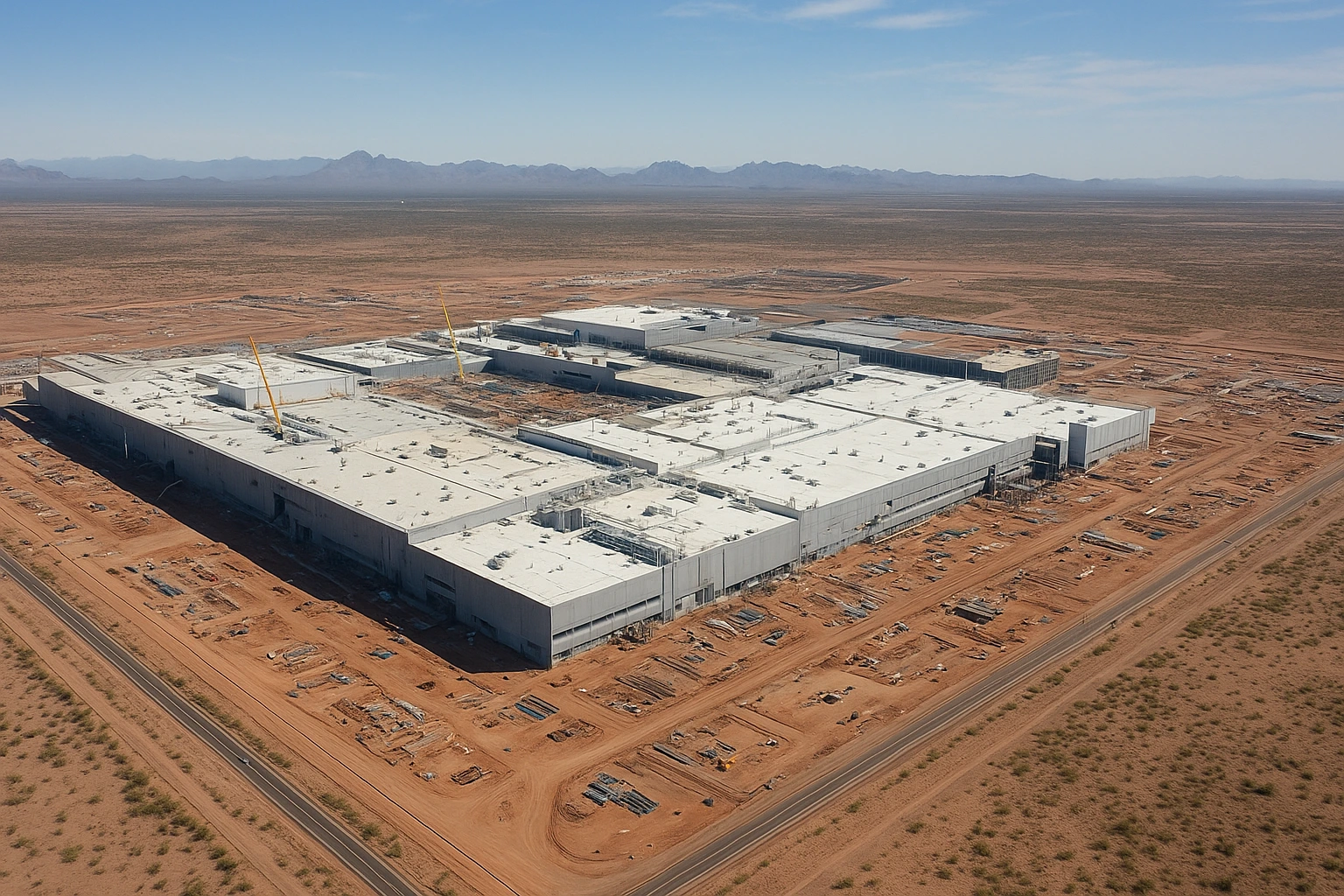 Aerial view of TSMC’s Phoenix chip factories under construction in the Sonoran Desert