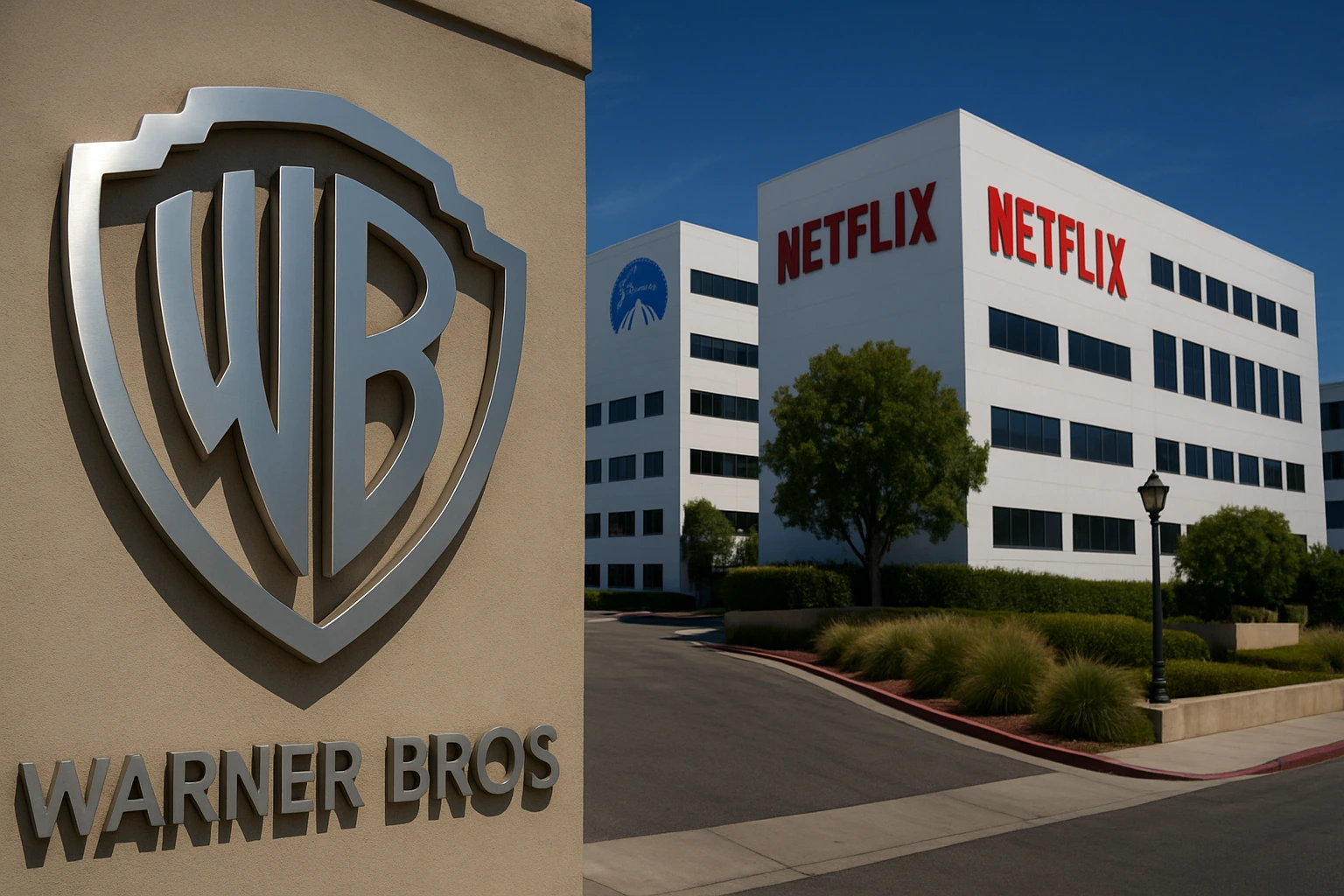 A view of Warner Bros, Netflix and Paramount buildings during an ongoing Hollywood power tussle over the future of Warner Bros Discovery.