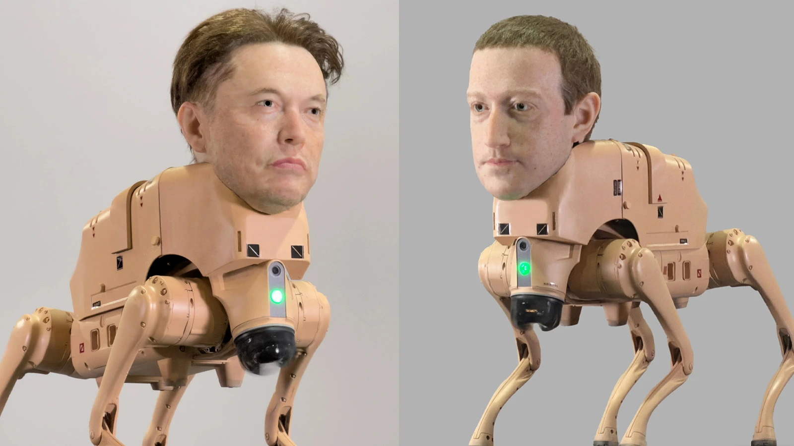 Beeple robot dogs with faces of Elon Musk, Jeff Bezos, and Mark Zuckerberg displayed at Art Basel Miami Beach