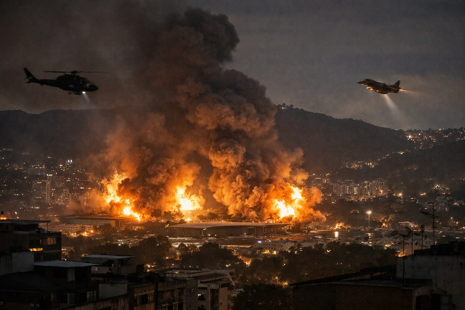 This is an AI-generated image depicting explosions in Caracas based on media reports; not an actual photograph.”