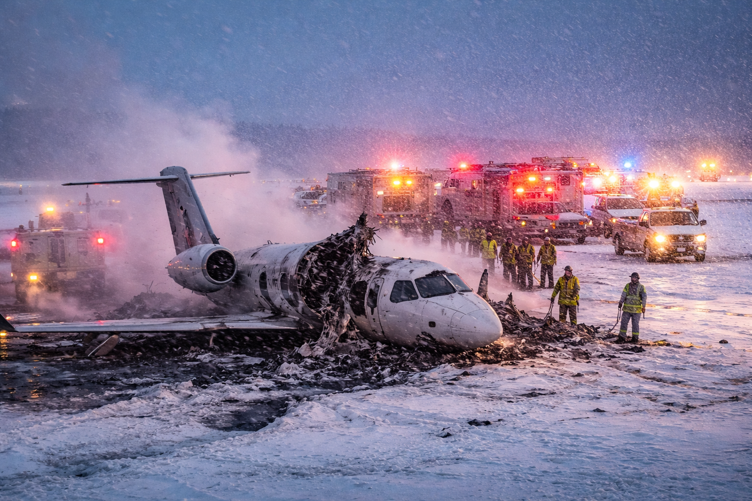 Bombardier Challenger 650 jet wreckage on snow-covered Bangor International Airport runway with emergency responders and flashing lights amid heavy snowfall.