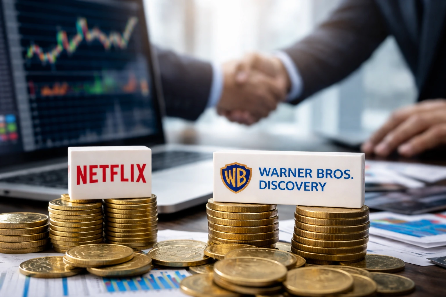 Professional image showing Netflix and Warner Bros. logos on gold coin stacks with business executives and financial charts in the background