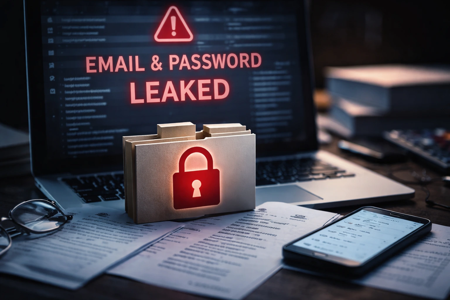 Realistic image depicting a Gmail account leak with exposed login credentials, data files, and a digital security warning.