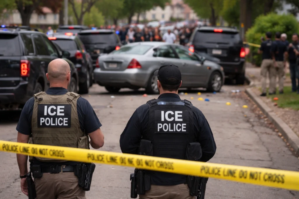Two ICE officers stand behind police tape in a Minneapolis neighborhood, facing a crashed car and multiple law enforcement vehicles, during a federal immigration enforcement operation.