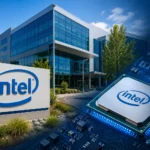 Intel headquarters with a processor chip representing Intel Q2 earnings, AI-driven data center growth, and strong quarterly financial performance.