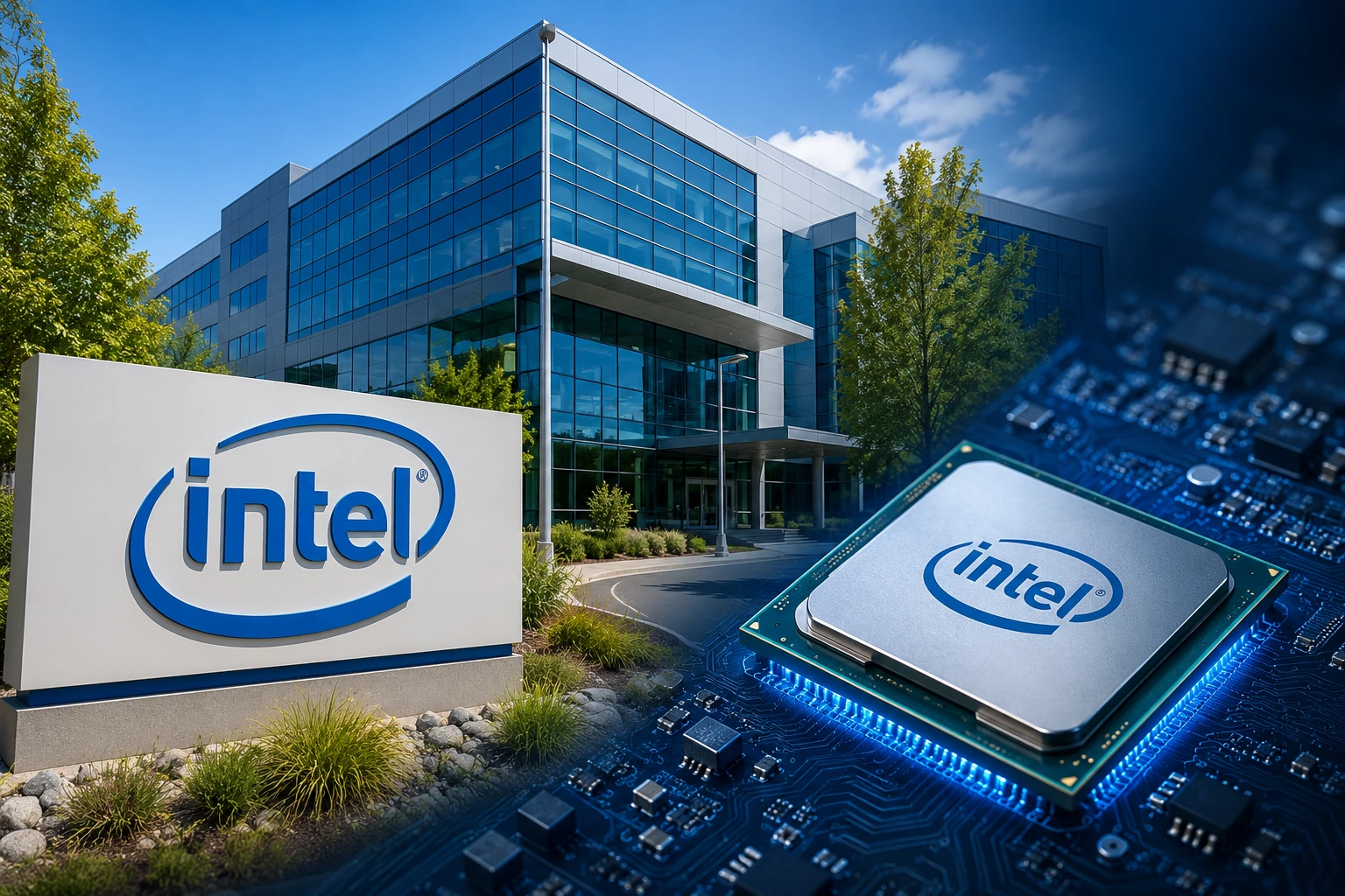 Intel headquarters with a processor chip representing Intel Q2 earnings, AI-driven data center growth, and strong quarterly financial performance.