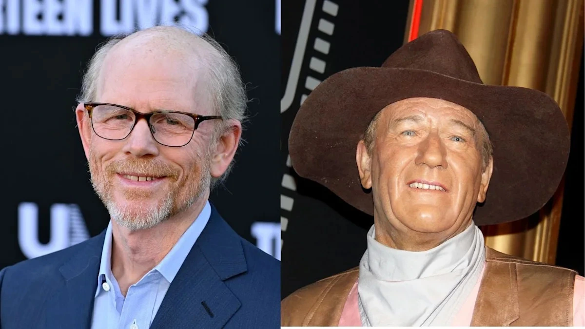 Ron Howard and John Wayne shown side by side in a composite image highlighting Howard's reflections on The Shootist and his experience working with the legendary actor.