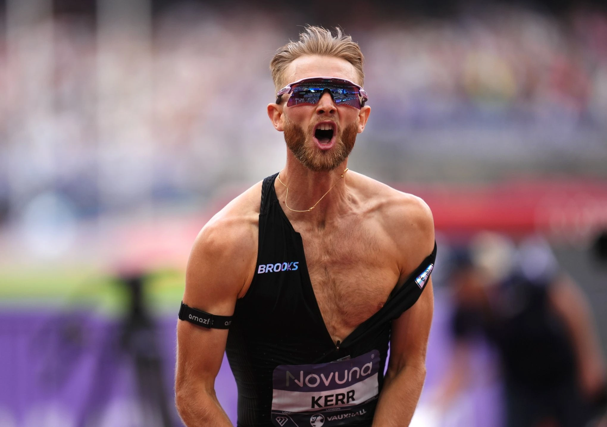 Josh Kerr celebrates after breaking the men's mile world record with a time of 3:42.66 at the London Diamond League at London Stadium on July 18, 2026.