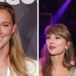 Kylie Kelce smiles in a portrait beside Taylor Swift and Travis Kelce at a public event following coverage of the Kylie Kelce Taylor Swift wedding.