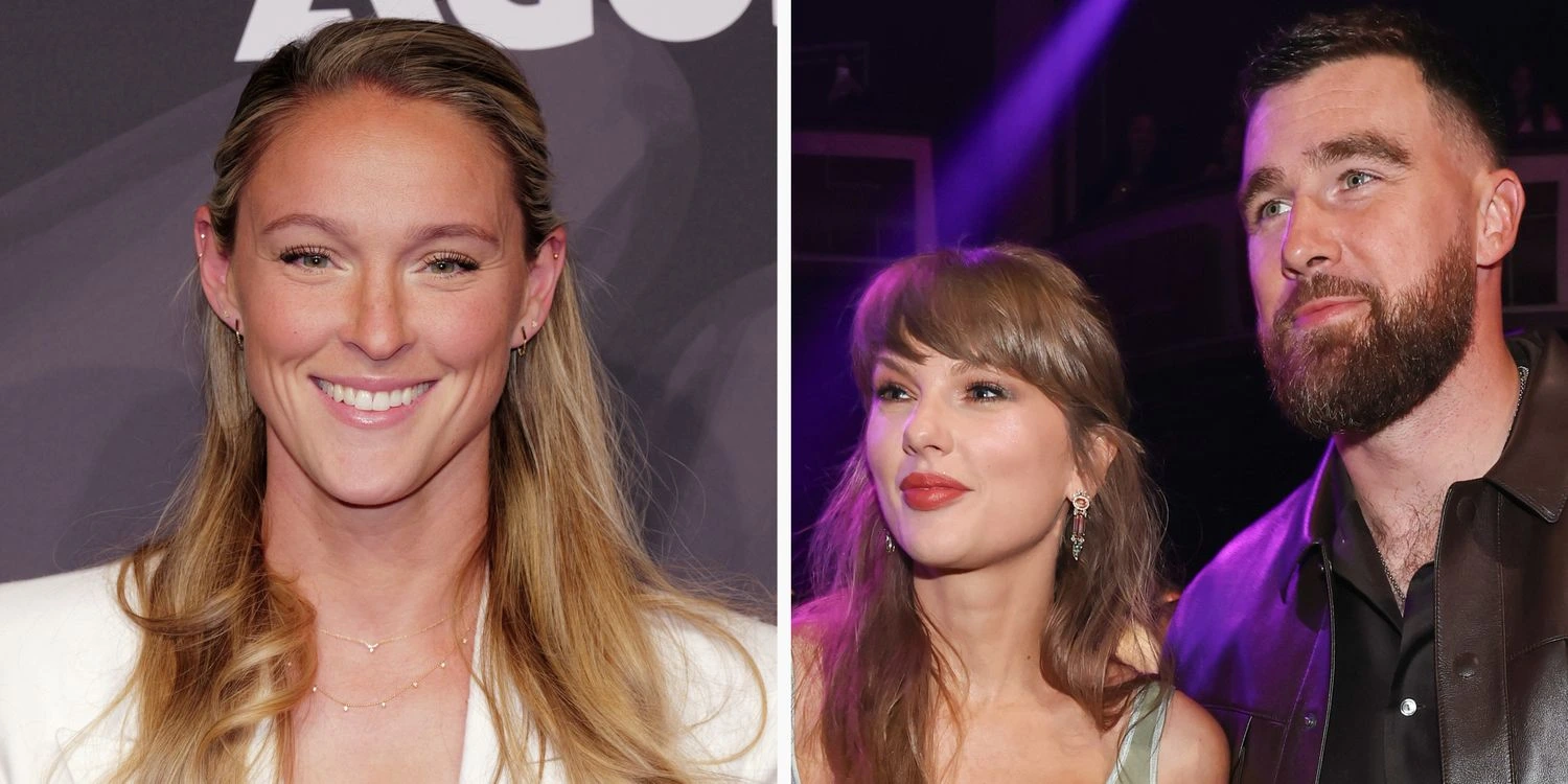 Kylie Kelce smiles in a portrait beside Taylor Swift and Travis Kelce at a public event following coverage of the Kylie Kelce Taylor Swift wedding.