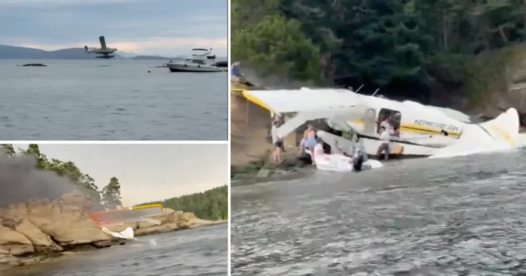 Kenmore Air seaplane emergency landing near Sucia Island, Washington, showing the floatplane after landing on the shoreline as rescue crews and passengers evacuate following the incident.
