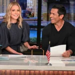 Kelly Ripa and Mark Consuelos on the set of Live with Kelly and Mark before Ripa's temporary absence following her gum graft surgery recovery