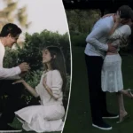 Justin Herbert proposes to Madison Beer during a romantic outdoor engagement as the couple celebrates with a kiss after announcing their engagement.