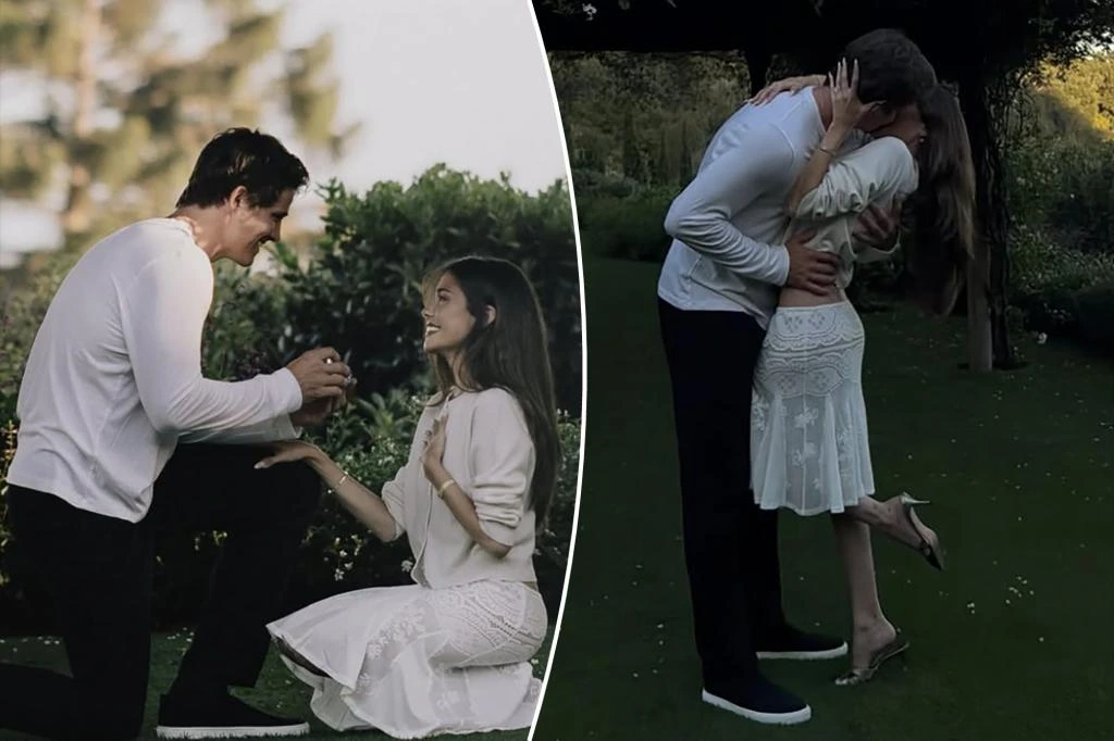 Justin Herbert proposes to Madison Beer during a romantic outdoor engagement as the couple celebrates with a kiss after announcing their engagement.
