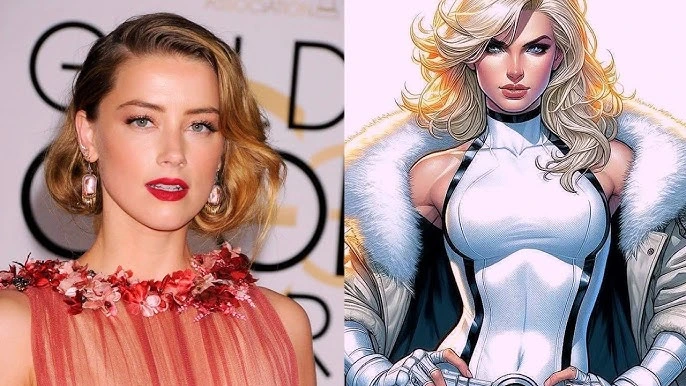 Split image showing Samara Weaving alongside Marvel Comics character Emma Frost following reports of her casting in Marvel Studios' upcoming X-Men movie.