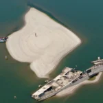 World War II shipwrecks exposed by record-low water levels in the Danube River near Prahovo, Serbia during a severe drought.