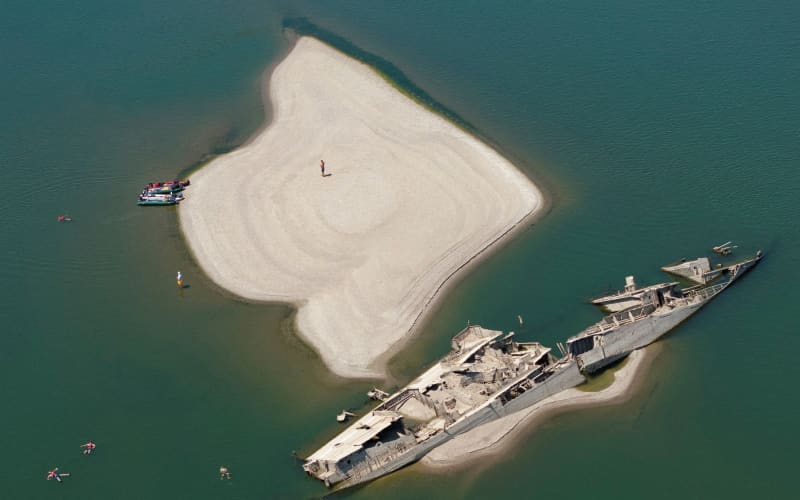 World War II shipwrecks exposed by record-low water levels in the Danube River near Prahovo, Serbia during a severe drought.