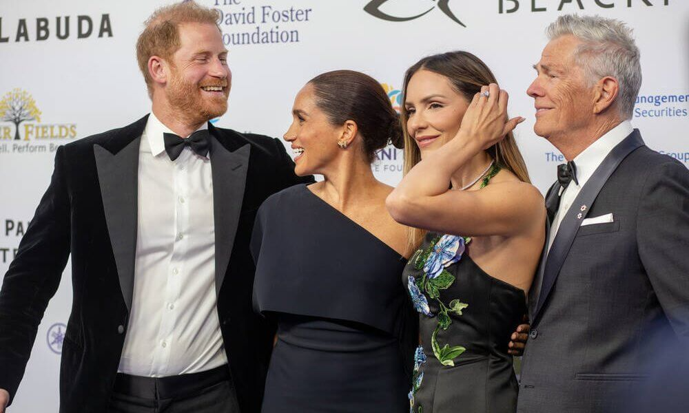 Meghan Markle wearing Princess Diana’s diamond and sapphire earrings at the David Foster Foundation gala with Prince Harry