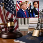 Trump visa freeze struck down by a U.S. federal judge as gavel, U.S. flag, passport and courthouse symbolize the immigration ruling.
