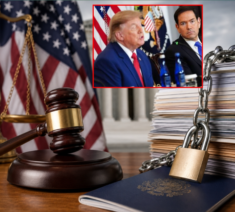 Trump visa freeze struck down by a U.S. federal judge as gavel, U.S. flag, passport and courthouse symbolize the immigration ruling.