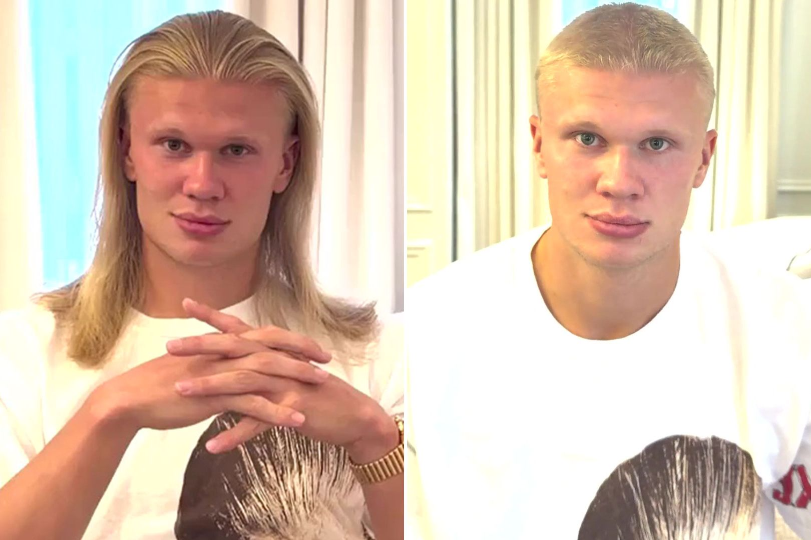 Erling Haaland new look with his dramatic buzz cut after cutting his trademark long blonde hair
