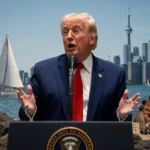 Donald Trump speaking in front of Lake Ontario as the proposed Lake Ontario renaming to “Lake America” sparks U.S.-Canada tensions