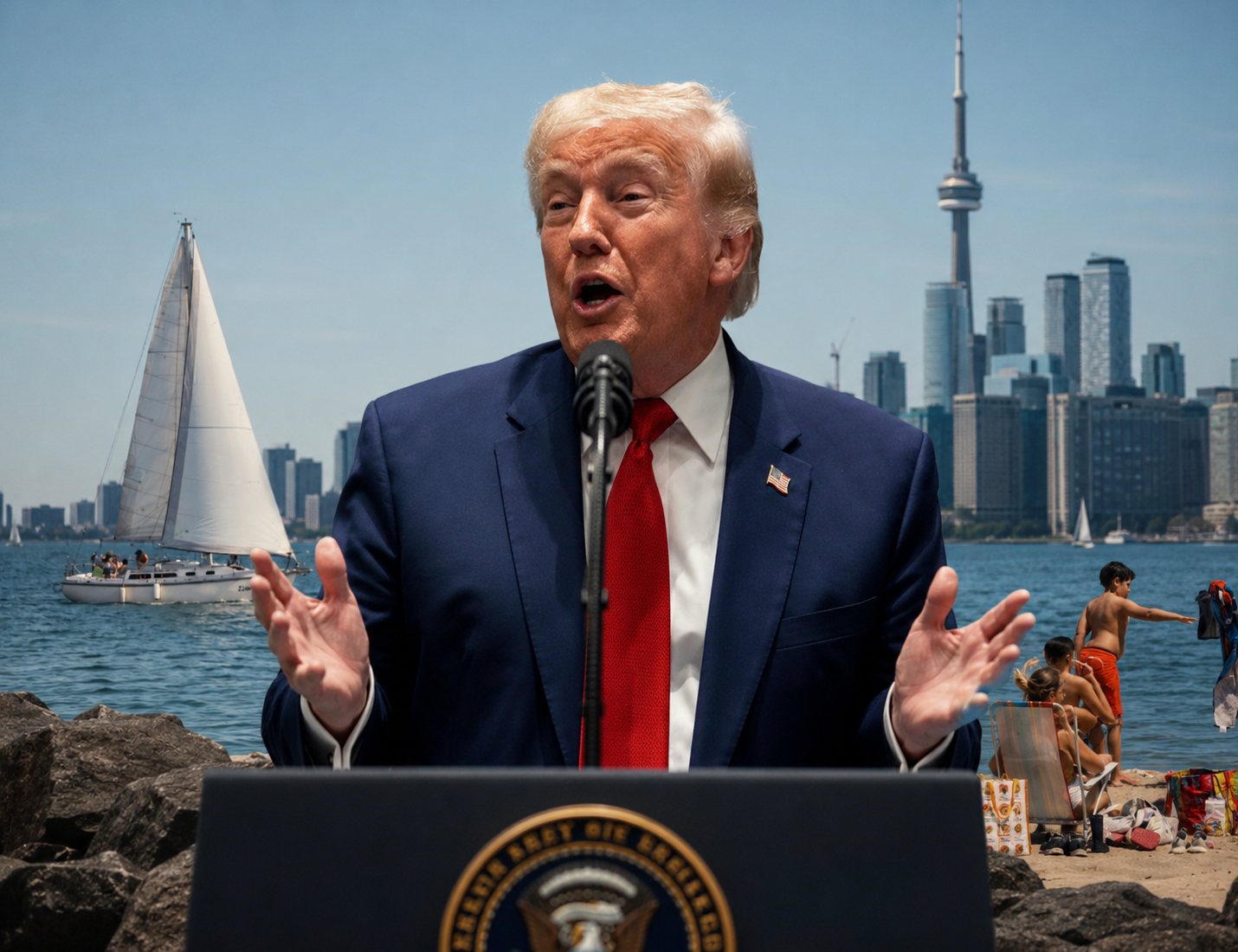 Donald Trump speaking in front of Lake Ontario as the proposed Lake Ontario renaming to “Lake America” sparks U.S.-Canada tensions