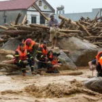 Rescue efforts after the Nepal flash floods along the Bhote Koshi River, with hundreds of travelers still missing in Rasuwa district.