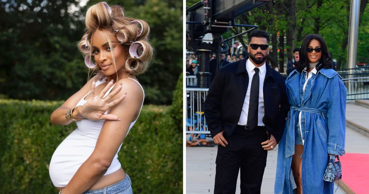 Ciara pregnant with her fifth baby alongside Russell Wilson, showing her baby bump with four children’s personalized shirts and a blank baby onesie.